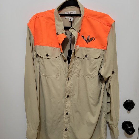 Filson Mens Sportsman Bright Orange and Tan Outdoor Shirt - Size M NWT - Picture 1 of 11